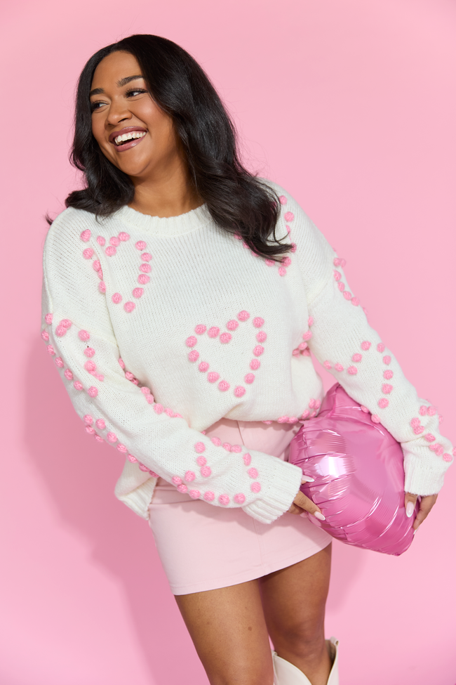 Adore You Ivory and Pink Oversized Heart Pom Sweater